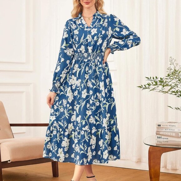 Women's Floral Midi Dress Long Sleeve V-Neck A-Line Pockets Casual Fall - Picture 4 of 5